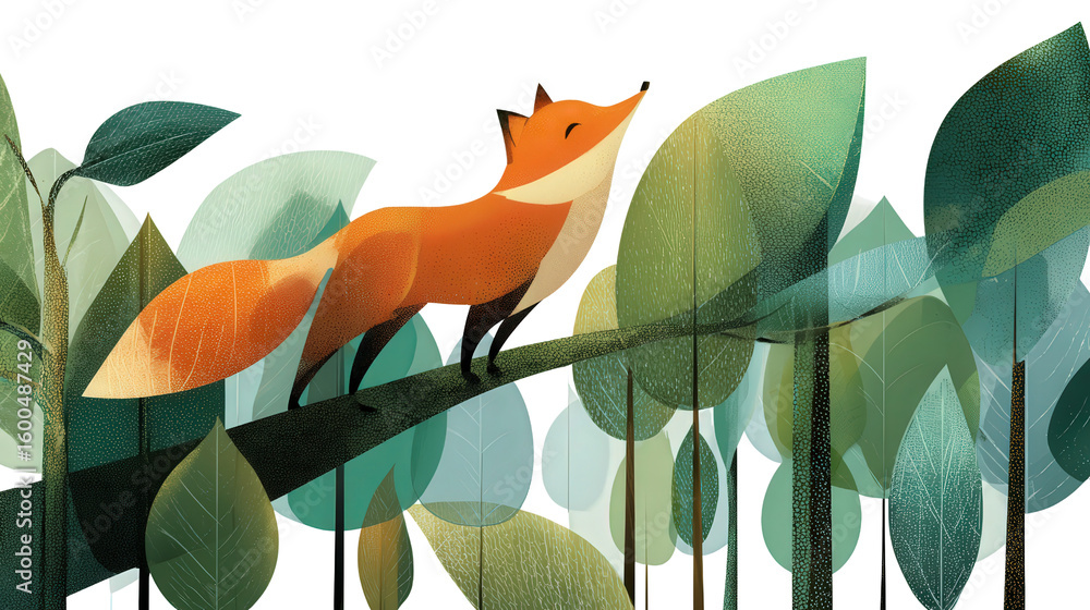 Poster fox in the forest: a flat lay of a fox navigating through a forest, isolated on a transparent backgr
