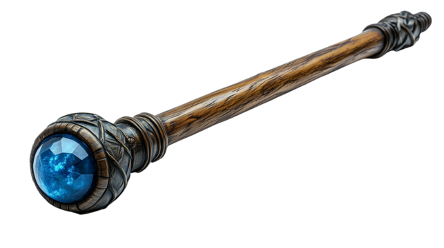 Blue sapphire gem staff with magical aura designed in fantasy style with curved wooden details on transparent background