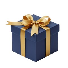 Blue gift box with gold ribbon isolated on white background