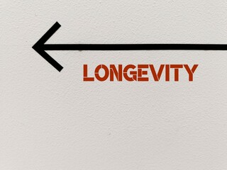 White wall with direction sign to Longevity - means long-lived members population, living a longer...