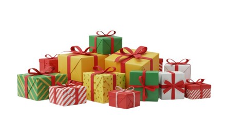 Pile of colorful gift boxes isolated on white background