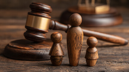 Wooden Gavel and Figurines on Table with Natural Light in Law Office Environment