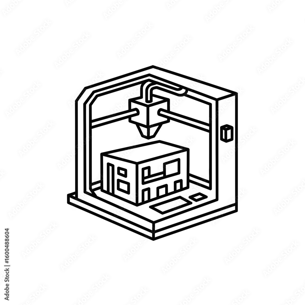 Aufkleber 3d printer creating a box model in minimalist line art style