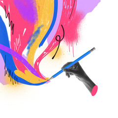 Contemporary collage of hand drawing colorful artistic strokes with pencil. Concept of creativity, idea development, design process, colorful imagination, and artistic inspiration.