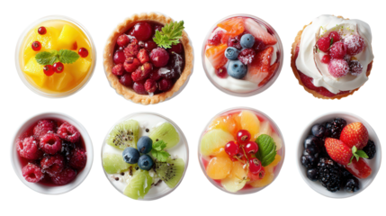 Fresh Fruit Desserts: A flat lay of fresh fruit desserts like tarts, parfaits, and fruit salads, isolated on a Transparent background, PNG file.