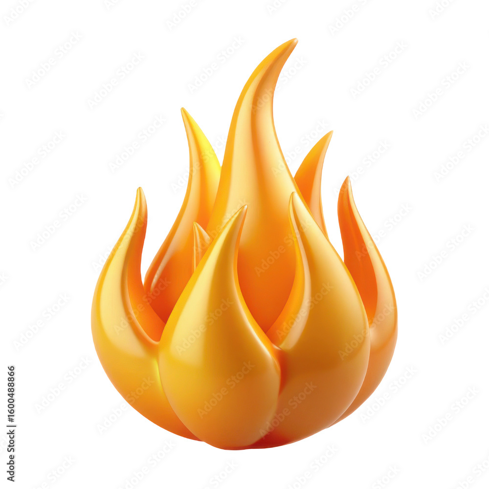 Poster a stylized vibrant orange flame with multiple distinct peaks isolated on white background