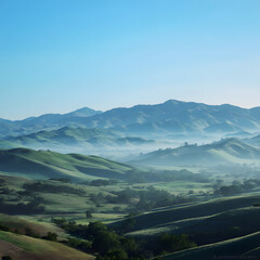 Naklejka premium Serene Green Valley with Gentle Rolling Hills Under Morning Mist in a Tranquil Landscape