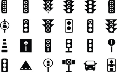 Collection of black and white traffic sign icons featuring stoplights pedestrian signals and road safety elements for design projects 
