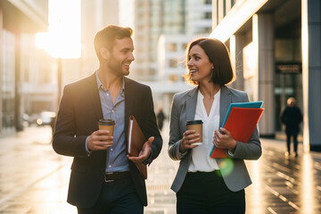 Smiling Business Professionals Walking and Conversing with Coffee in Golden Hour City