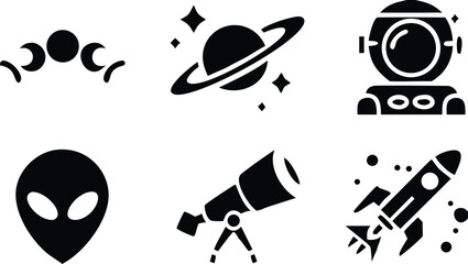 Collection of black and white space themed icons including planets astronauts rockets and aliens 
