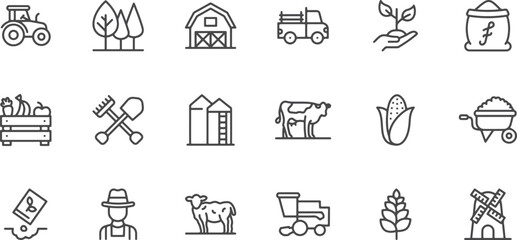 Farm & Tractor Icon Set – Barn, Tractor, Livestock, Agriculture, Rural, Harvest, Farm Vehicle, Field, Crop, Farming, Farm Equipment, Rural Life, Agriculture Tools, Farm Truck, Farmer, Garden, Landscap © pankaj