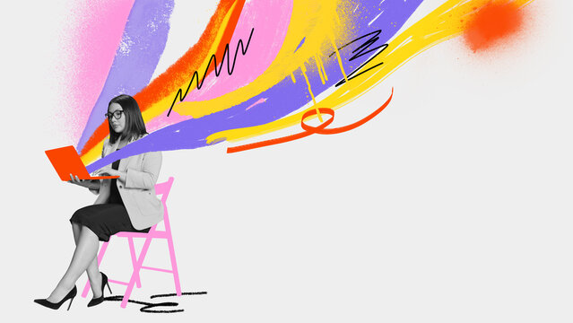 Bold color collage of woman with laptop and colorful flow of creative energy. Concept of digital work, content creation, design thinking, productivity, and imagination.