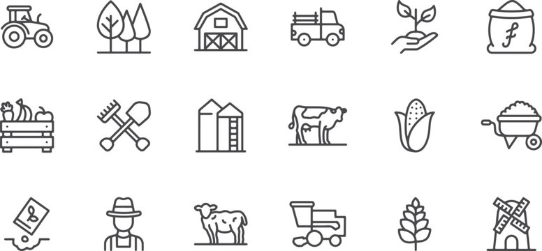 Farm & Tractor Icon Set &ndash; Barn, Tractor, Livestock, Agriculture, Rural, Harvest, Farm Vehicle, Field, Crop, Farming, Farm Equipment, Rural Life, Agriculture Tools, Farm Truck, Farmer, Garden, Landscap