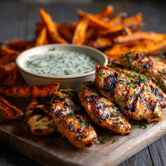 Grilled Chicken with Roasted Sweet Potato Fries and Herb Dip on Wooden Platter