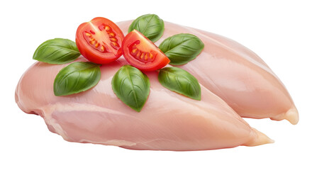 Isolated Raw Chicken Breast with Tomato and Basil