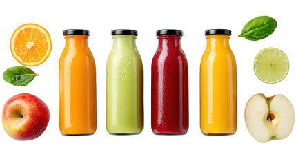 Fresh Fruit Juices in Glass Bottles: A flat lay of fresh fruit juices in glass bottles like orange juice and apple juice, isolated on a Transparent background, PNG file.