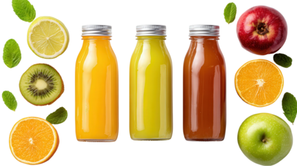 Fresh Fruit Juices in Glass Bottles: A flat lay of fresh fruit juices in glass bottles like orange juice and apple juice, isolated on a Transparent background, PNG file.