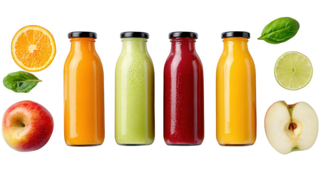 Fresh Fruit Juices in Glass Bottles: A flat lay of fresh fruit juices in glass bottles like orange juice and apple juice, isolated on a Transparent background, PNG file.