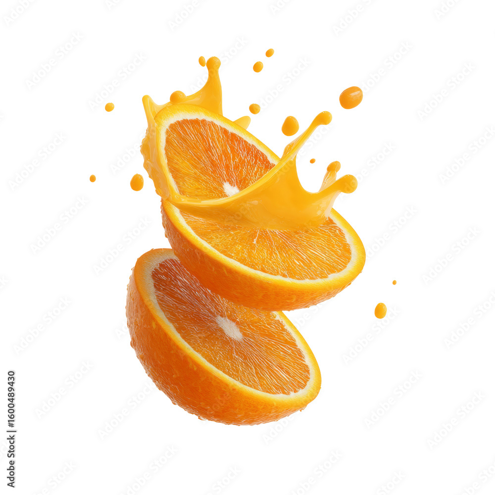 Poster fresh orange slices with juice splashes create vibrant and refreshing image. bright colors and dynam