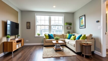 Modern living room with a sectional sofa and large window.