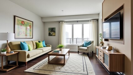 A modern living room with warm tones and natural light.