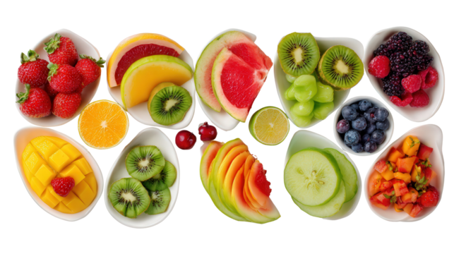 Fresh Fruit Platters : A flat lay of fresh fruit platters with vibrant seasonal fruits, isolated on a Transparent background, PNG file.