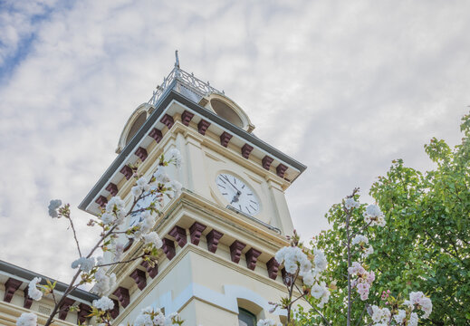 Spring blooms framing an old country post office underneath cloudy skies