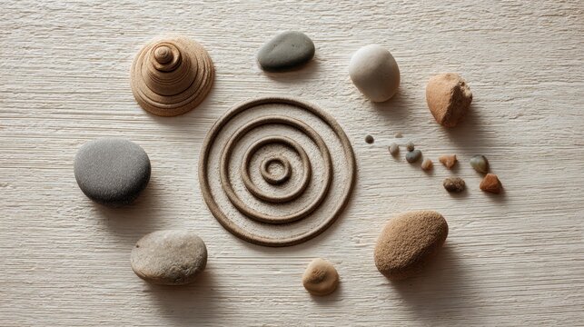 Tranquil zen garden arrangement with pebbles and sand patterns for meditation ,Psychic Day - Powered by Adobe