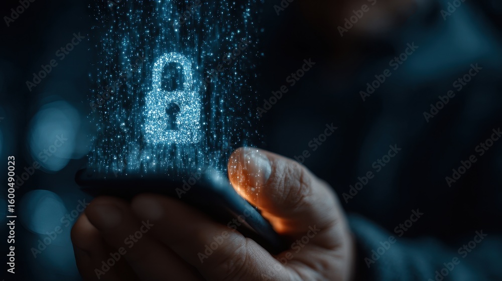 Poster man holds smartphone with digital lock icon for secure online transactions