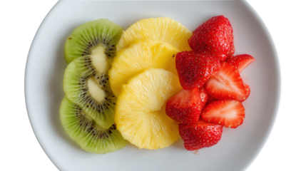 Fresh Fruit Slices on White Plate: A flat lay of fresh fruit slices like kiwi, pineapple, and strawberries, isolated on a Transparent background, PNG file.