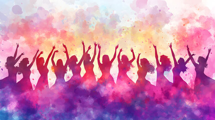 Joyful women silhouettes dance amidst a beautiful explosion of vibrant watercolor hues.