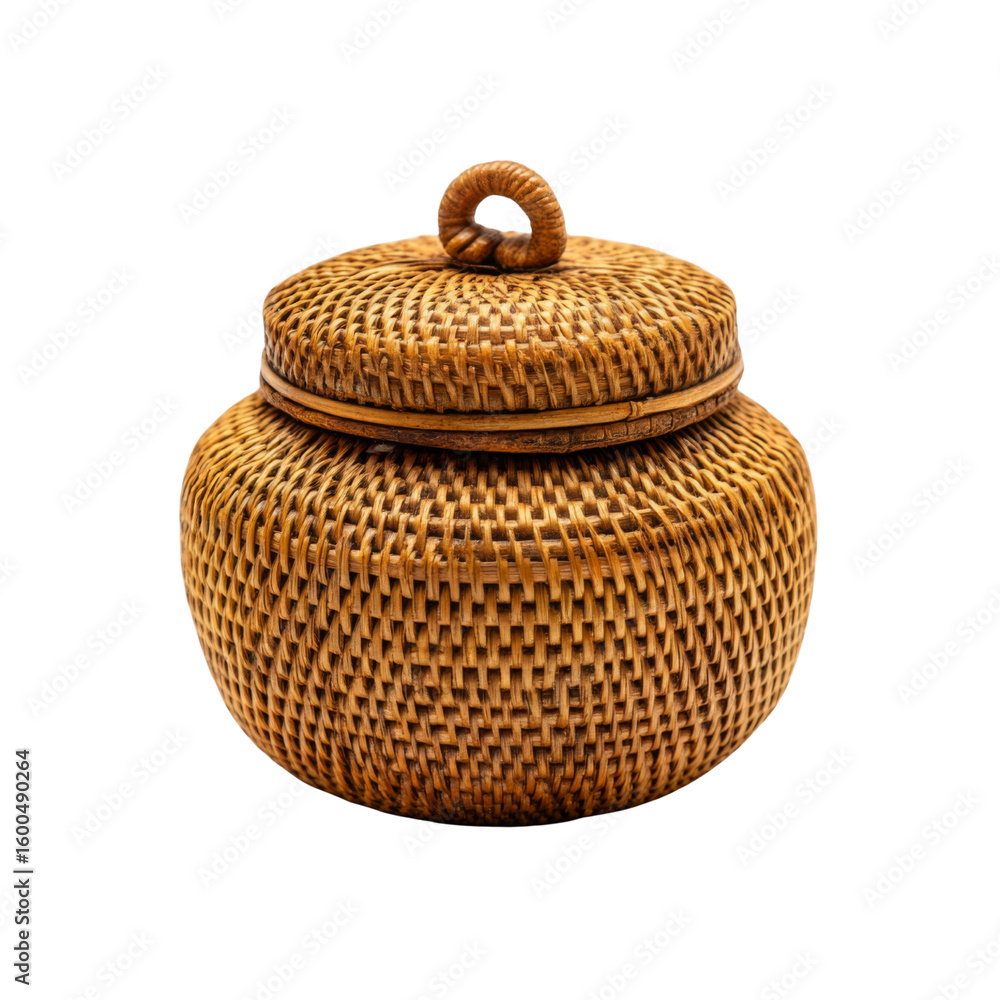 Poster handcrafted wicker storage basket with lid, showcasing intricate weaving patterns and natural finish