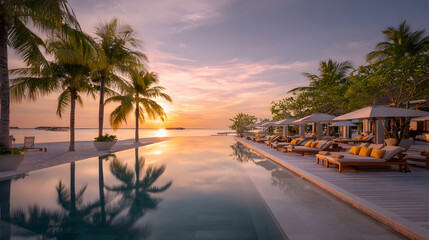 Luxury tropical beachfront resort with palm trees and sun loungers beside infinity pool at sunset
