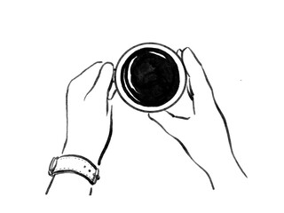 上からみたコーヒーを持つ手の線画のイラスト