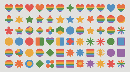 Rainbow colored geometric shapes and hearts star circle