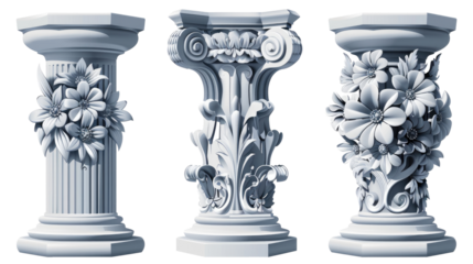 Decorative flower motifs on classical columns with intricate designs and transparent background