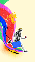 Creative digital artwork of smiling man in summer outfit running with abstract brush explosion....