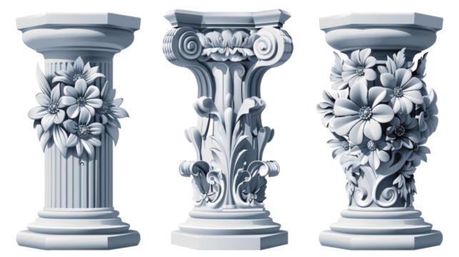 Decorative flower motifs on classical columns with intricate designs and transparent background