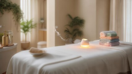 A clean massage table covered with a white sheet, with towels and candles nearby, in a bright spa room with plants and natural lighting. Concept of relaxation and wellness