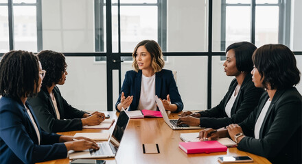 Fototapeta premium Confident female leader guiding a diverse team of professional women during a corporate board meeting