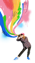 Contemporary collage of young woman with camera capturing moment under colorful flow. Concept of storytelling, photography learning, youth lifestyle, art education, visual thinking.
