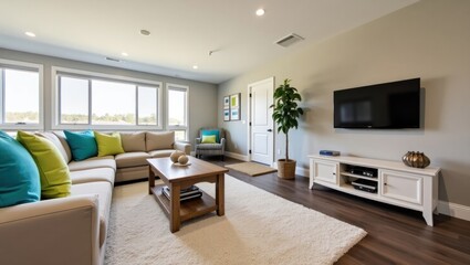 Fototapeta premium Modern living room with a comfortable sectional sofa and a large flat screen .