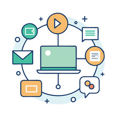 Digital Collaboration Icon &ndash; Minimalist Laptop Connected to Cloud, Files, and Chat Bubbles for Teamwork