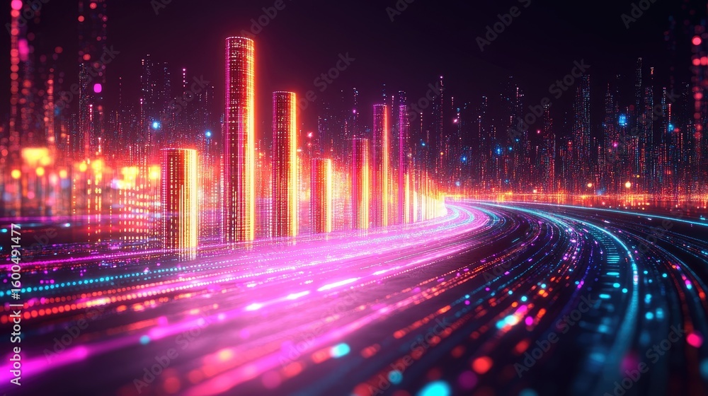 Aufkleber abstract bar chart growing upward with glowing lines and futuristic digital elements on a clean back