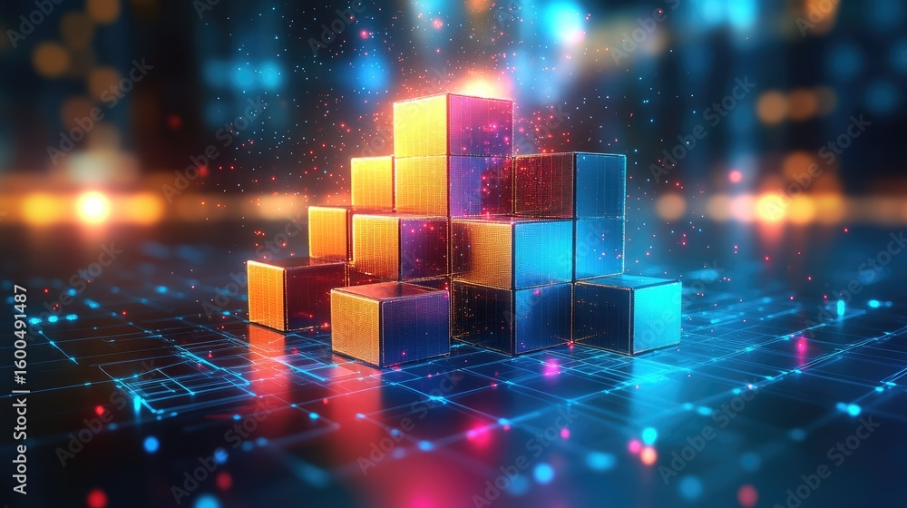 Poster abstract graph made of cubes increasing in height, minimalist representation of performance improvem