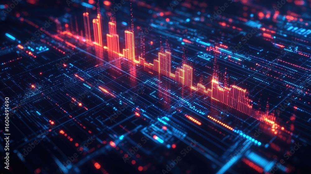 Poster abstract bar chart growing upward with glowing lines and futuristic digital elements on a clean back