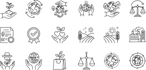 Eco Icon Set Featuring Sustainability, Fair Trade, Renewable Energy, Organic Farming, Climate Action, Global Conservation