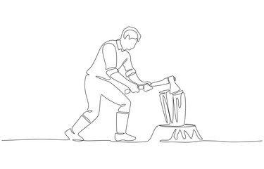 Continuous one line drawing of lumberjack chopping firewood, single line art.