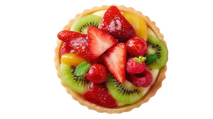 Fresh Fruit Tart on White Plate: A flat lay of a fresh fruit tart with vibrant fruits like strawberries and kiwi, isolated on a Transparent background, PNG file.
