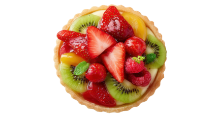Fresh Fruit Tart on White Plate: A flat lay of a fresh fruit tart with vibrant fruits like strawberries and kiwi, isolated on a Transparent background, PNG file.
